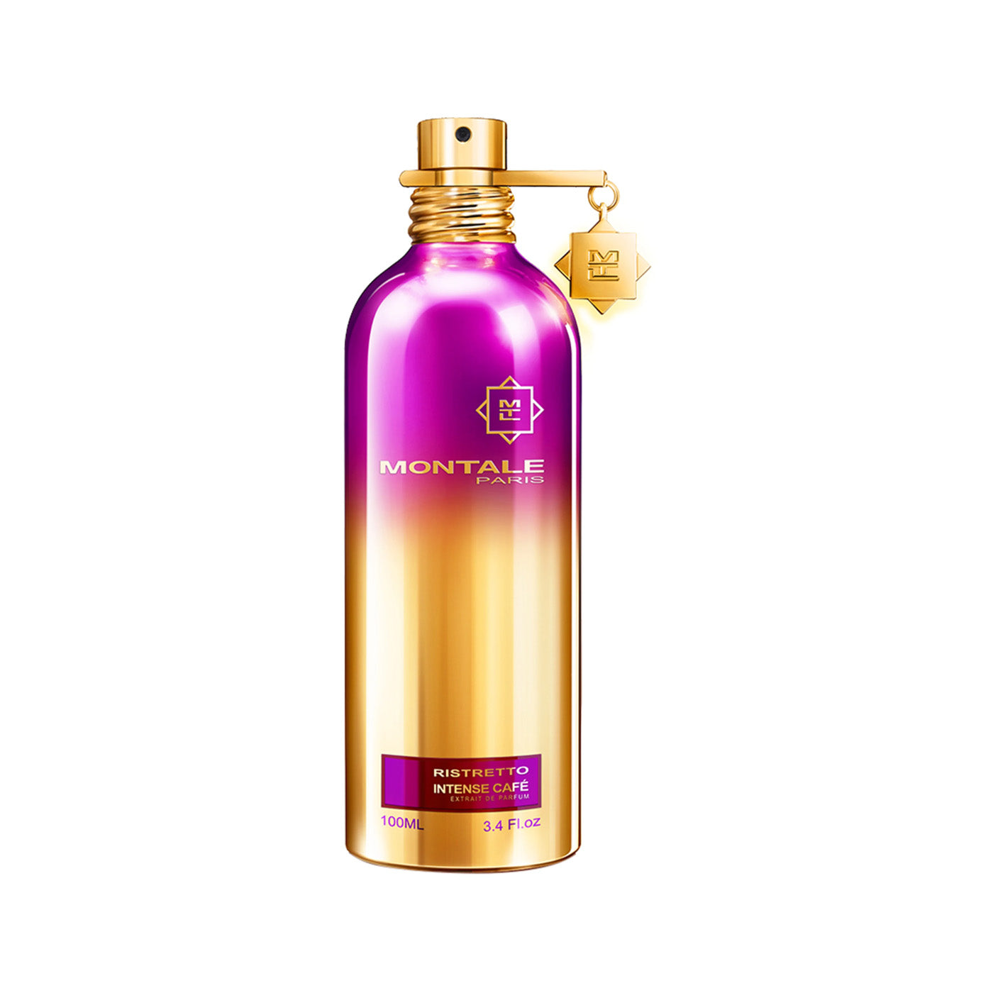 Ristretto Intense Café von Montale – intensiver Unisexduft mit Noten von frisch gebrühtem Kaffee, Rose, Vanille, Moschus sowie einem Hauch Milch und Zucker. 100 ml Aluminiumflakon mit schimmerndem Farbverlauf von Violett bis Gold. Jetzt erhältlich bei 4D OUTFITTERS.