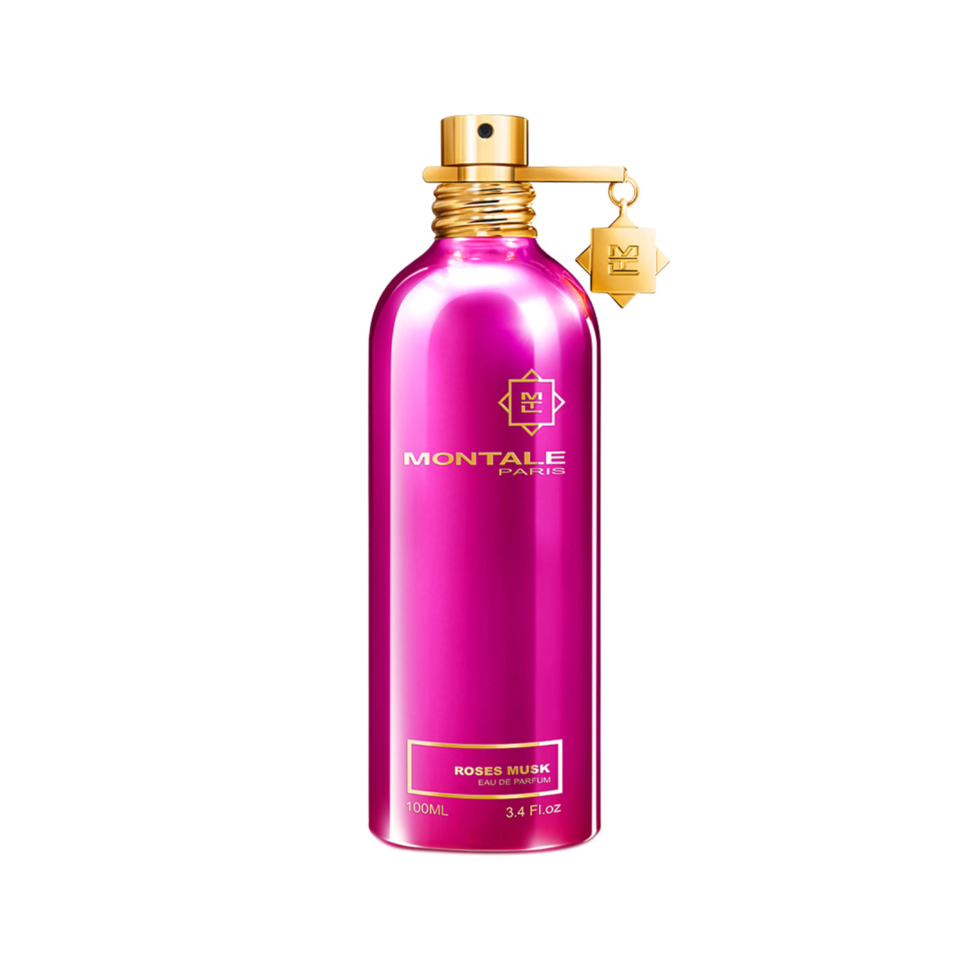 Produktbild des Parfums Roses Musk von Montale – eine elegante Flasche in glänzendem Metallic-Pink, umgeben von einer luxuriösen Aura, die den blumigen Duft von Rose und Moschus symbolisiert.