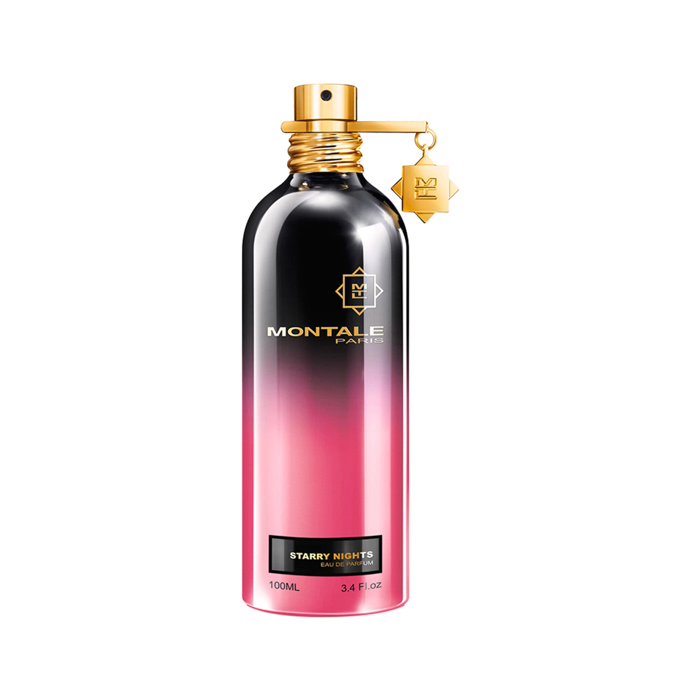 Starry Nights von Montale – eleganter Unisexduft mit Noten von Apfel, Rose, Moschus und Patschuli. 100 ml Flakon in glänzendem Schwarz bis Pink. Erhältlich bei 4D OUTFITTERS.