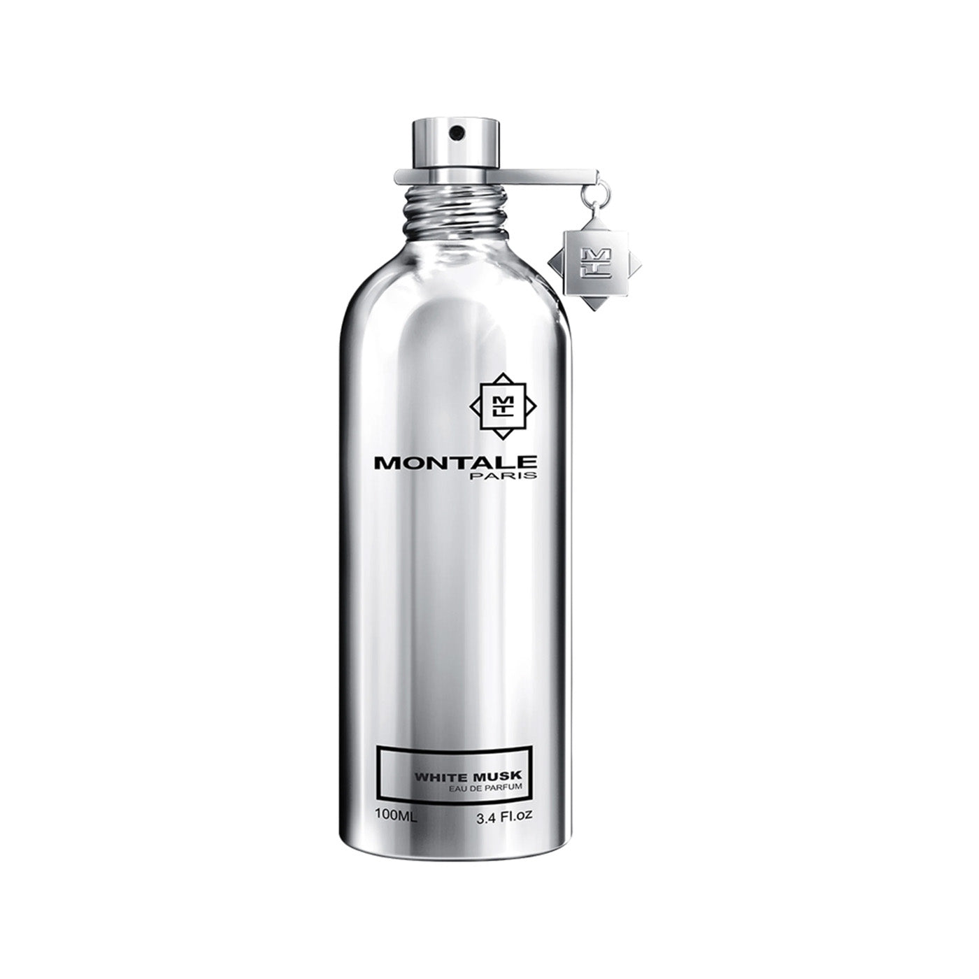 White Musk von Montale – dezenter Unisexduft mit Ylang-Ylang, Veilchen und weißem Moschus im eleganten 100 ml Flakon in glänzendem Silber.