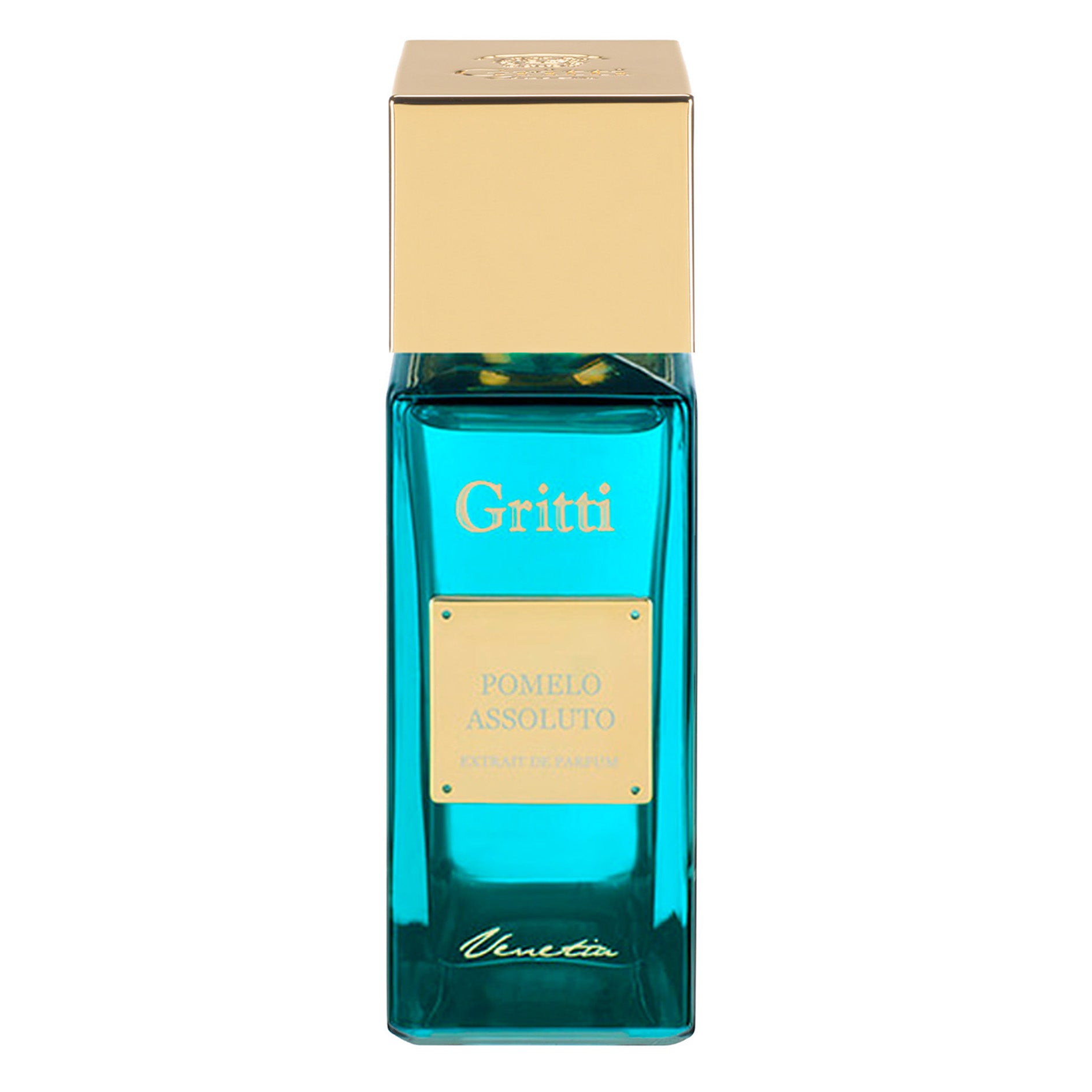 Pomelo Assoluto von Gritti – Extrait de Parfum in transparent blauem Flakon mit goldenem Verschluss. Zitrisch, elegant, mit holziger Wärme.