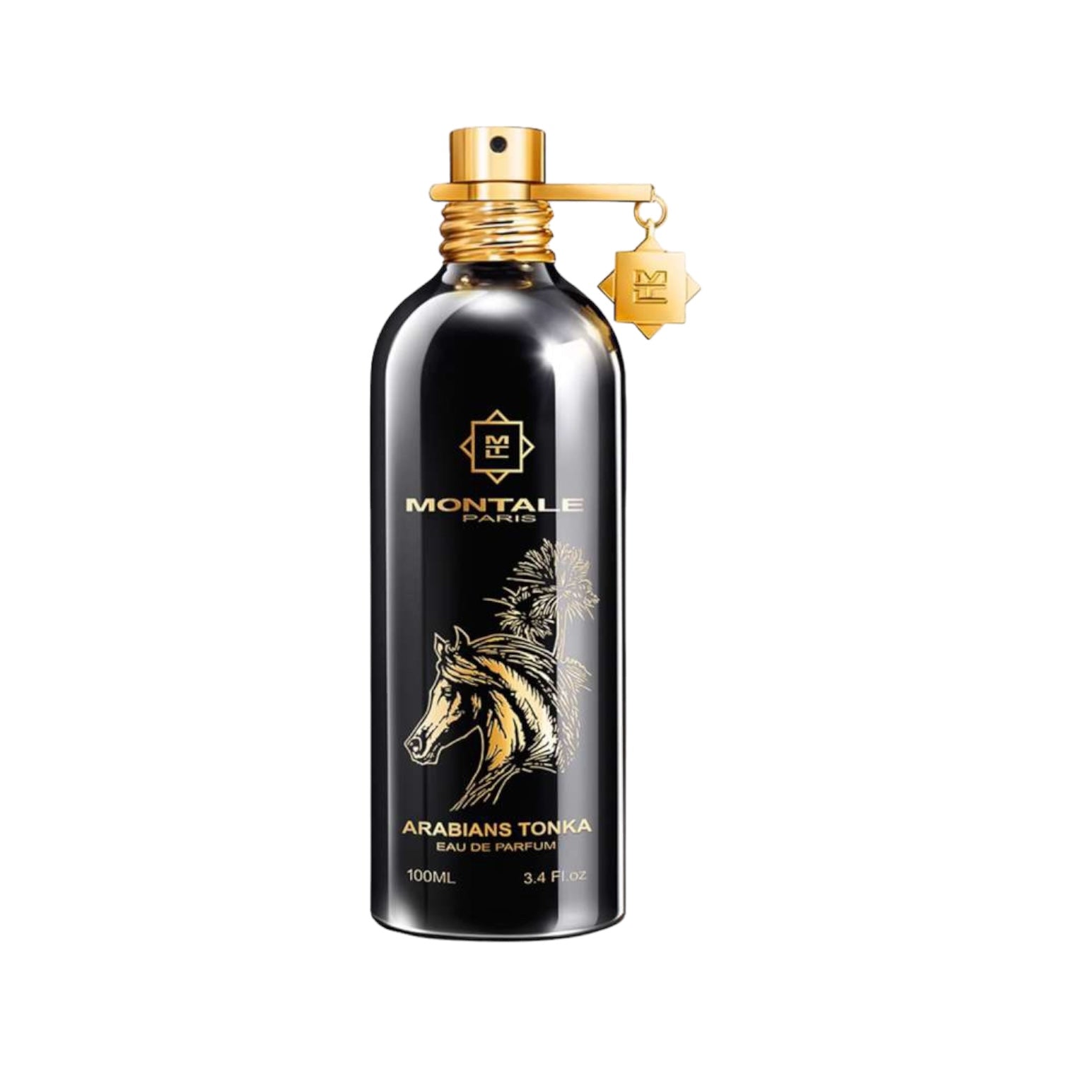 Flakon des Parfums "Arabians Tonka" von Montale – ein luxuriöser Duft mit orientalisch-würzigen Noten, präsentiert in einer eleganten schwarzen Flasche mit goldenen Akzenten.